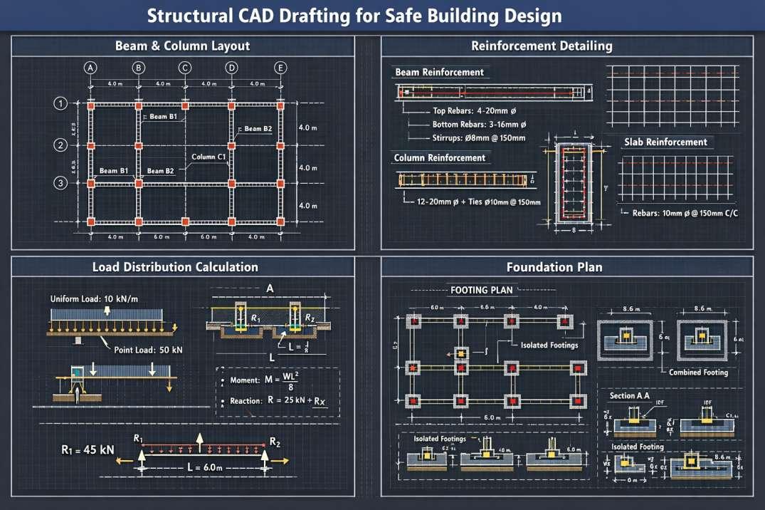 Structural CAD drafting showing beam and column layout plan