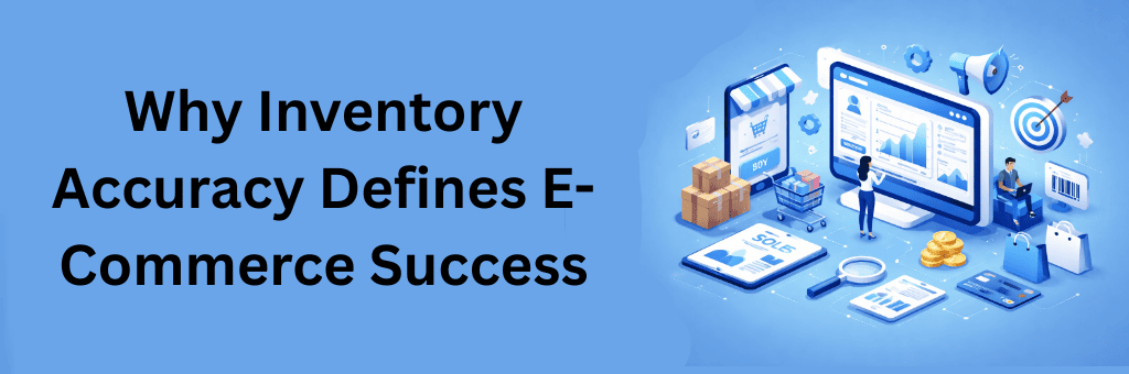 Digital illustration highlighting inventory accuracy with warehouse boxes, barcode scanning, checklist verification, and analytics symbols supporting e-commerce success