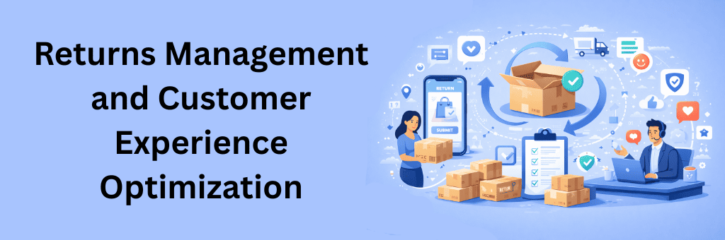 Vector illustration of returns management showing returned packages, customer support interaction, approval checklist, and logistics flow improving customer experience